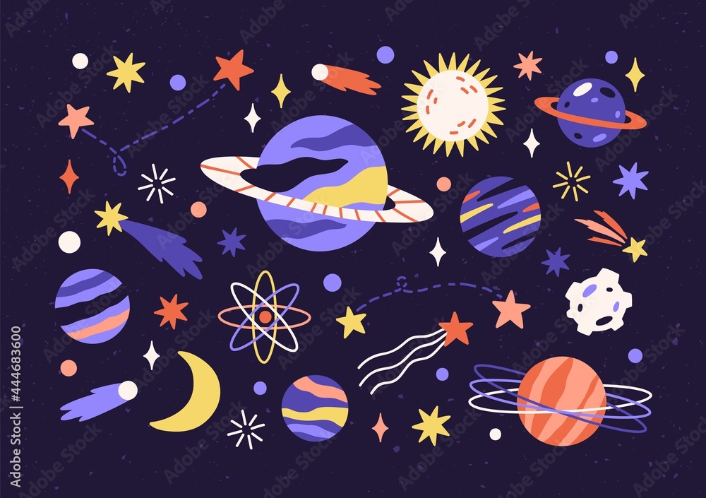 Set of planets, stars, asteroids, and comets in outer space. Bundle of different abstract cosmic objects in cosmos. Childish universe in doodle style. Isolated flat vector illustration Set of planets, stars, asteroids, and comets in outer space. Bundle of different abstract cosmic objects in cosmos. Childish universe in doodle style. Isolated flat vector illustration