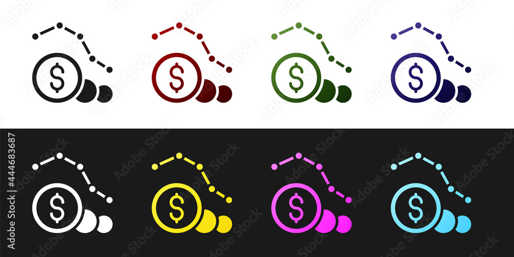 Set Dollar rate decrease icon isolated on black and white background. Cost reduction. Money symbol with down arrow. Business lost crisis decrease. Vector
