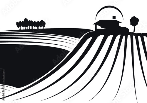 Illustration about farmlands with a building in the background. May be a winery and its vineyards. Illustration /sketch style modern and actual in black and white