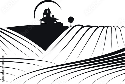 Illustration about farmlands with a building in the background. May be a winery and its vineyards. Illustration /sketch style modern and actual in black and white