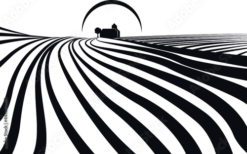 Illustration about farmlands with a building in the background. May be a winery and its vineyards. Illustration /sketch style modern and actual in black and white