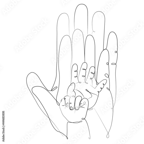 Four hands in minimalism father mother and two children. Family love and happiness concept. Design for paintings, decor, logo, tattoo, family shop, children's center, medicine. Isolated vector