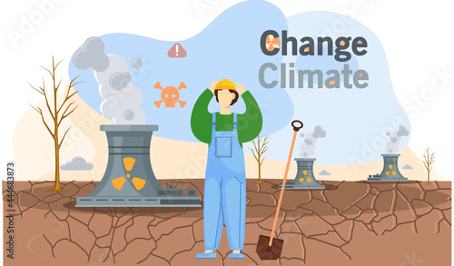 Save planet, climate change concept with man in worker s suit stands with shovel on dry cracked ground. Harmful effects of human activity on planet. Air pollution, deforestation, people destroy Earth