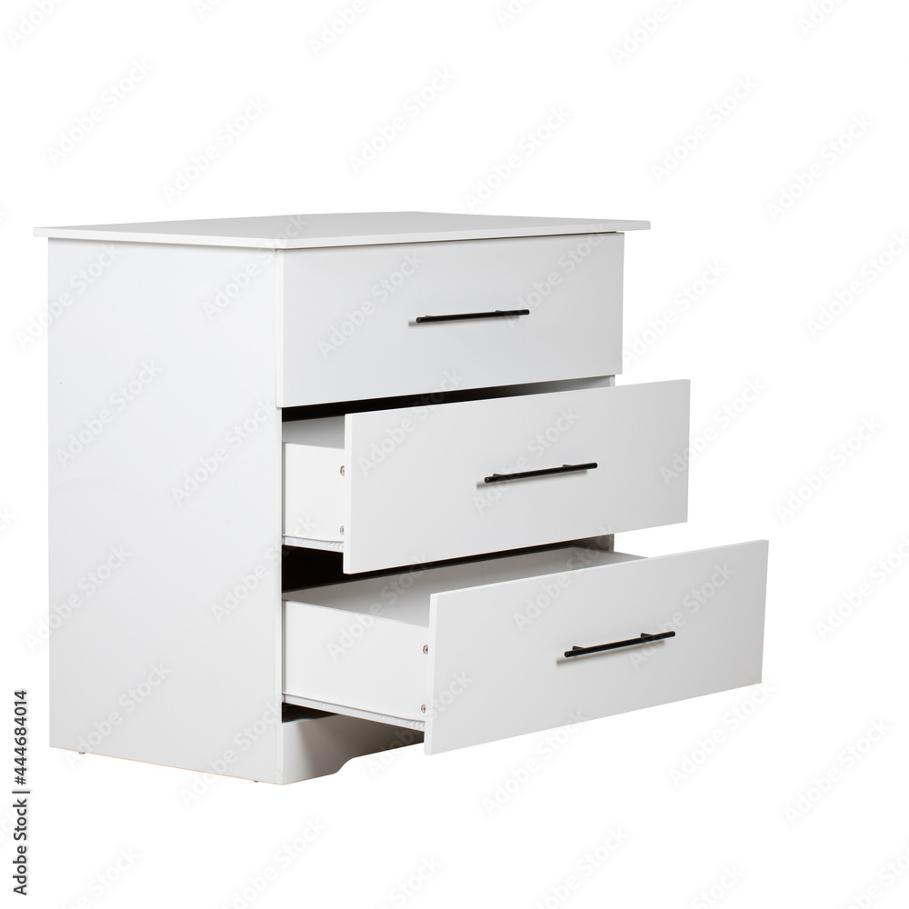 Modern white wooden cabinet with open drawers on a isolated background Modern white wooden cabinet with open drawers on a isolated background