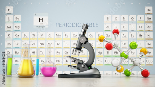 Chemistery laboratory with microscope, molecule model and glass lab eqipment on the table. Periodic table on the background. 3D illustration photo