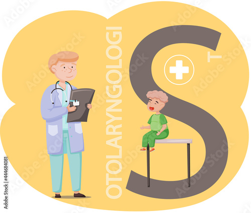 Otolaryngologist doctor with nose, ear and throat or ENT diagnostic and treatment instruments. Otology doctor with patient. Otorhinolaryngology healthcare medicine or otolaryngology diseases