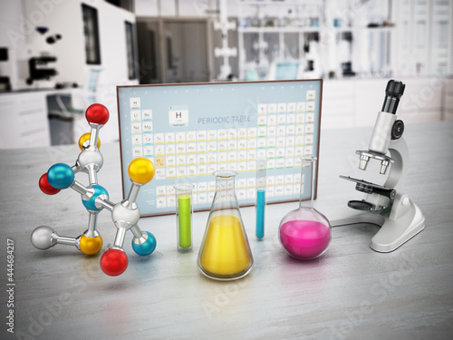 Chemistery laboratory with microscope, molecule model and glass lab eqipment on the table. Periodic table on the background. 3D illustration photo