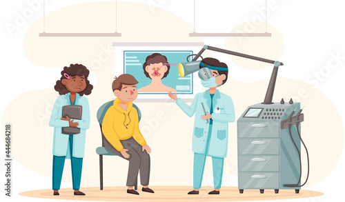 Health care, medical examination, patient at doctor s appointment. Nurse and doctor treating man s sinusitis in hospital. Sick person diagnosing consulting in office of otolaryngologist with equipment