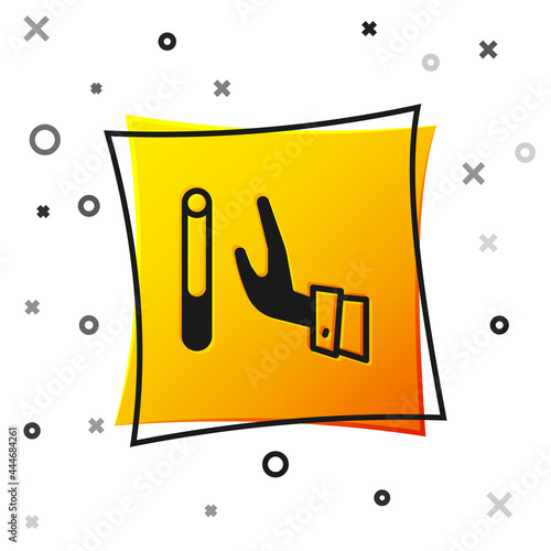 Black Giving up cigarette icon isolated on white background. Tobacco sign. Smoking symbol. Healthy lifestyle. Yellow square button. Vector