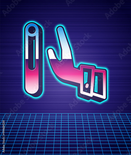 Retro style Giving up cigarette icon isolated futuristic landscape background. Tobacco sign. Smoking symbol. Healthy lifestyle. 80s fashion party. Vector