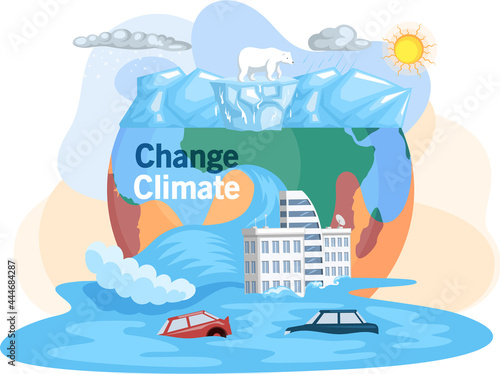 Melting glaciers, global warming, sea level rose and flooded cities, ecological catastrophy. Saving Earth and environmental care. Earth with reasons of destroying. Planet suffers from human activity