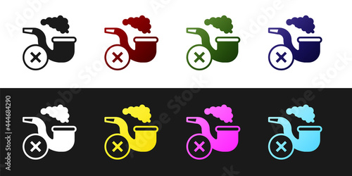 Set Smoking pipe with smoke icon isolated on black and white background. Tobacco pipe. Vector