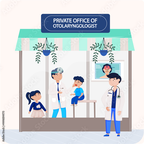 Otolaryngologist doctor with nose, ear and throat or ENT diagnostic and treatment instruments. Otology doctor with patient. Otorhinolaryngology healthcare medicine or otolaryngology diseases