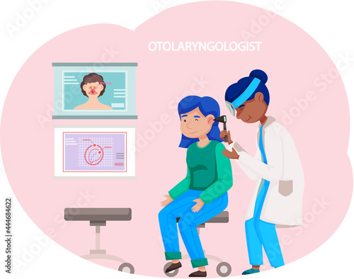 Otolaringologyst takes care of people s health in hospital. Doctor uses otoscope and examines patient. Physician specializes in diagnosis, treatment of pathologies of throat, ear, nose, treats illness