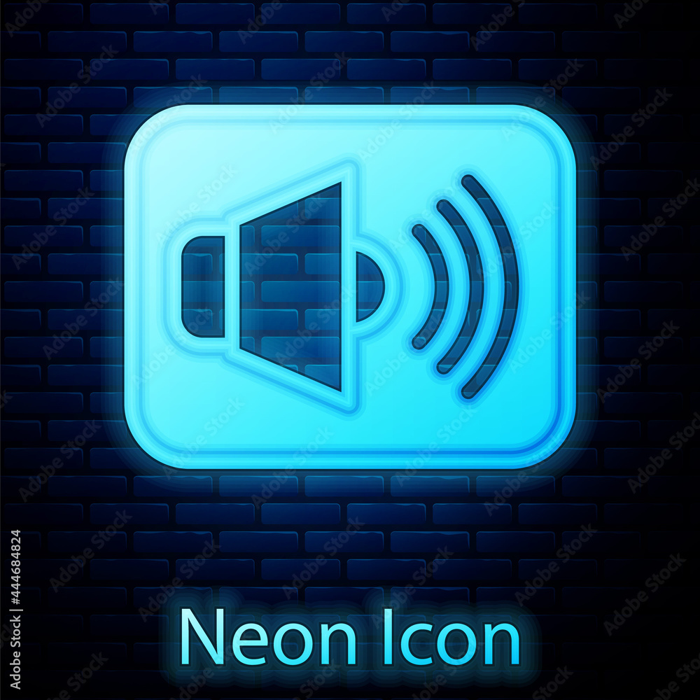 Glowing neon Speaker volume, audio voice sound symbol, media music icon isolated on brick wall background. Vector Glowing neon Speaker volume, audio voice sound symbol, media music icon isolated on brick wall background. Vector
