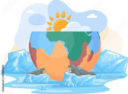 Temperature rising and animal extinction concept. Melting glaciers, global warming and climate change. Walruses lie on glaciers melting due to heat. Polar animals during global warming on planet