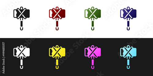 Set Medieval axe icon isolated on black and white background. Battle axe, executioner axe. Medieval weapon. Vector