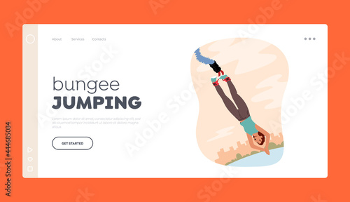 Extreme Sports and Recreation Landing Page Template. Happy Brave Female Character Jumping with Bungee from Bridge