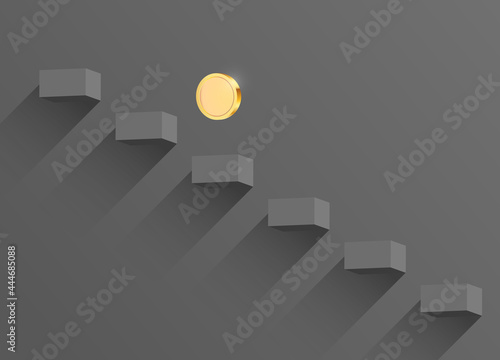 Realistic gold coin falls off the steps. Fall in currency concept 