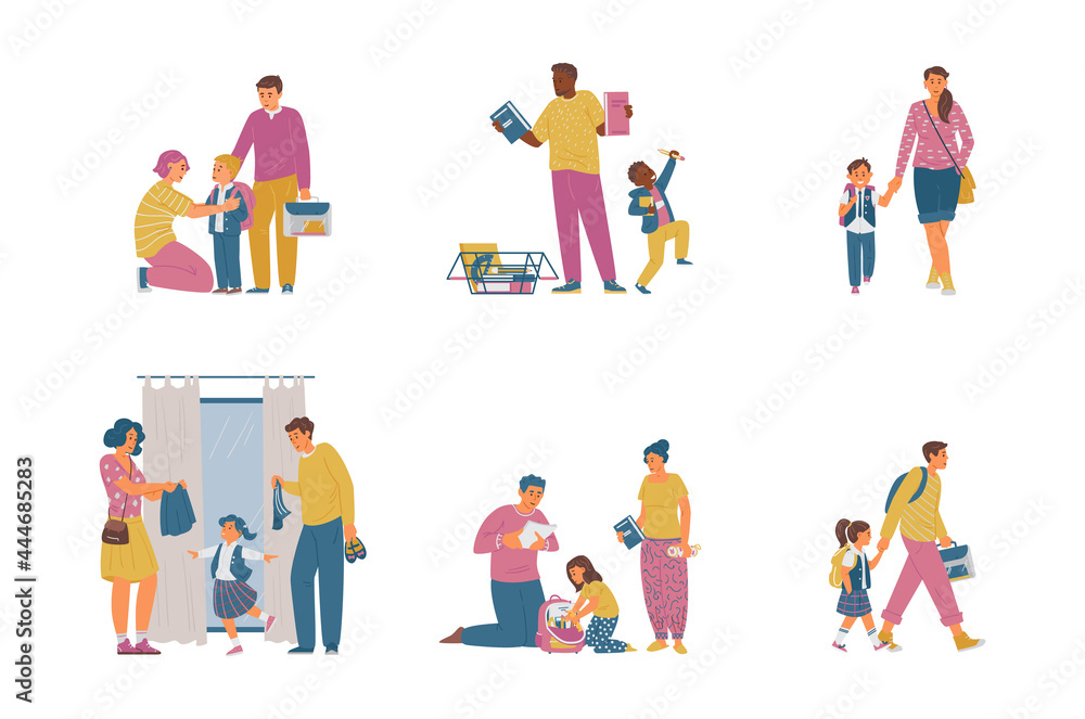 Back To School Vector Collection. Parents With Children Getting Ready For School, Buying Supplies, Uniform, Packing School bag, Walking To School.