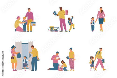 Back To School Vector Collection. Parents With Children Getting Ready For School, Buying Supplies, Uniform, Packing School bag, Walking To School.