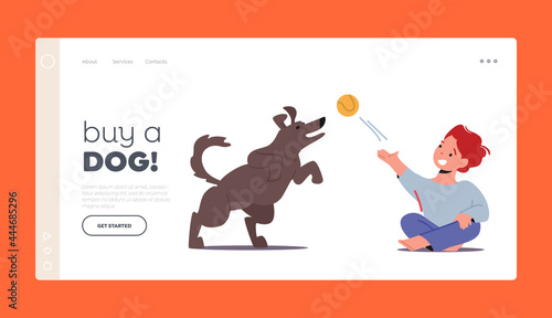 Boy Playing with Dog Landing Page Template. Baby Play with Pet Throw Ball. Kid Spend Time with Fluffy Friend
