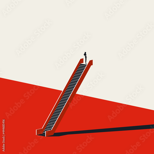 Business woman at top of career, vector concept. Symbol of achievement, success, growth. Minimal illustration.