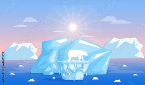 Polar bear escapes climate change and increase of temperature. Animals during global warming. Polar bear stands on iceberg. Animal on melting from global warming glacier on background of iceberg