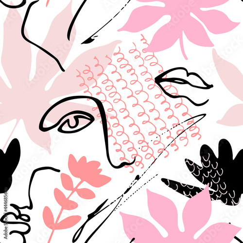 Modern continuous line art faces, brush stroke, doodle, florals seamless pattern.