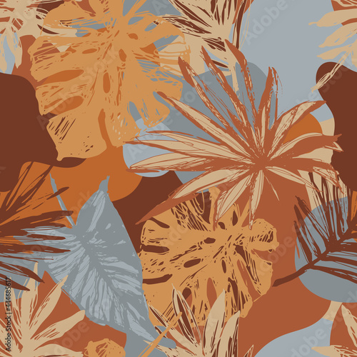 Vector background with palm leaves, monstera plant and abstract geometric shapes
