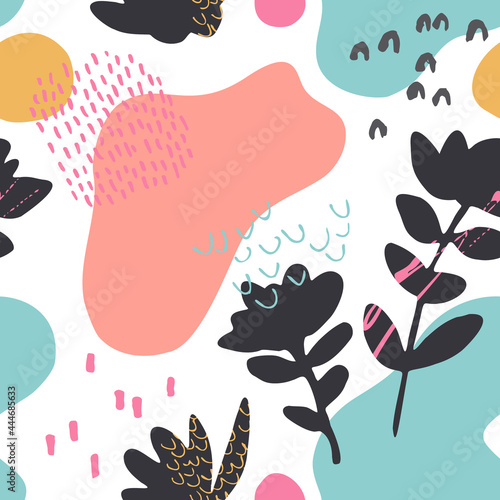 Grunge textured organic shapes and cut out flowers seamless pattern.
