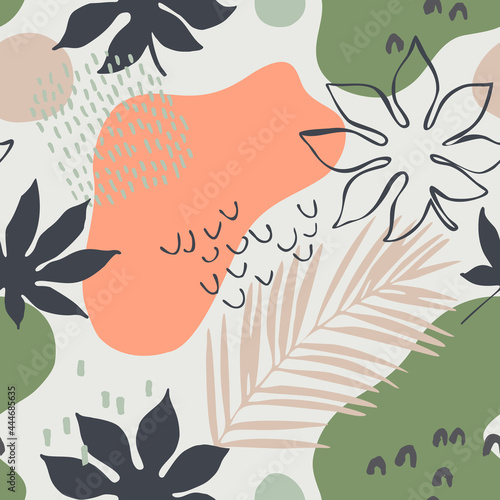 Abstract seamless pattern: tropic leaves silhouettes and line art, organic ge...