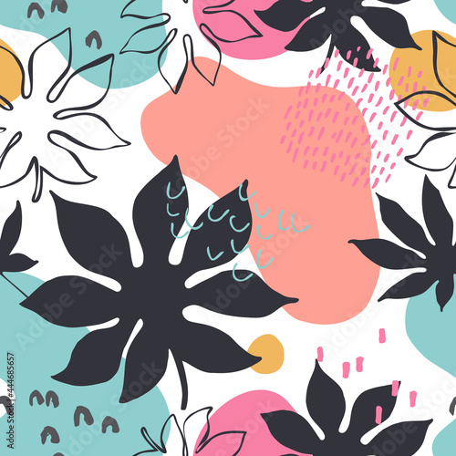 Abstract tropic foliage seamless pattern: palm leaf, monstera plant silhouettes and line art, geometric shapes in minimal style
