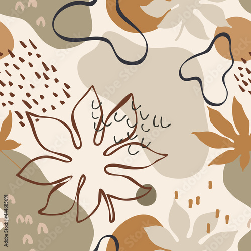 Abstract seamless pattern: tropic leaves silhouettes and line art, organic ge...