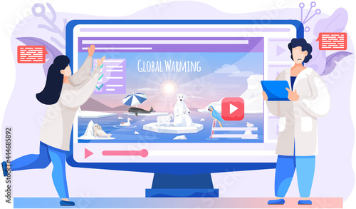Scientists are watching video about global warming. Video with animals suffering from temperature increase and glaciers melting on monitor. People explore causes of climate change using computer