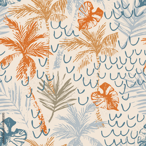 Beautiful abstract tropics seamless pattern. Grunge palm trees, tropical leaves on waved beige background