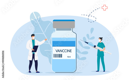 Doctors and nurses preparing to be vaccinated against coronavirus, doctors and nurses flat cartoon vector illustration.
