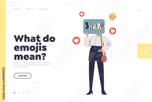 Emoji meaning concept of landing page with millennial girl sharing emotion in social media