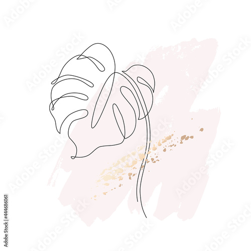 Tropical monstera leaf silhouette in line art on pastel pink stain and golden brush strokes background.