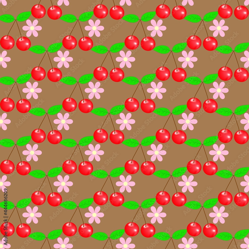 Cherries and flower on brown seamless pattern Cherries and flower on brown seamless pattern