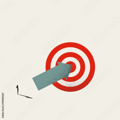 Business hit target vector concept with businesswoman hitting bullseye. Symbol of success, achievement. Minimal illustration