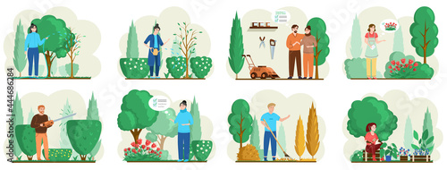 Spring gardening flat composition with characters of gardeners working in outdoor garden scenes set with people growing plants and flowers. Agriculture, organic garden tillage and farming, plant care