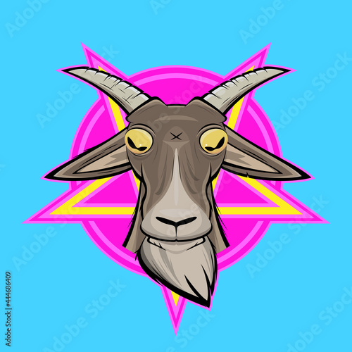 funny cartoon illustration of a evil goat head with pentagram sign