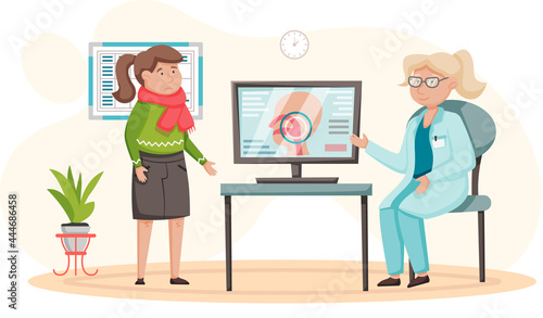 Otolaryngologist doctor with nose, ear and throat or ENT diagnostic and treatment instruments. Otology doctor with patient. Otorhinolaryngology healthcare medicine or otolaryngology diseases