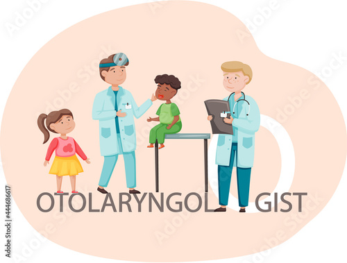 Otolaryngologist doctor with nose, ear and throat or ENT diagnostic and treatment instruments. Otology doctor with patient. Otorhinolaryngology healthcare medicine or otolaryngology diseases