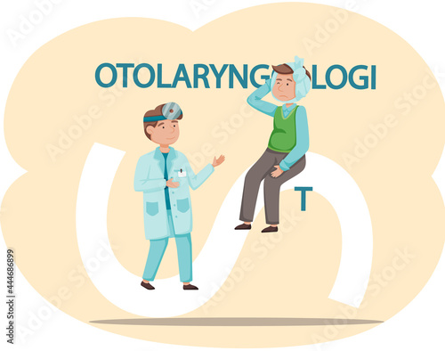 Health care, medical examination, patient at doctor s appointment. Otolaryngologist s office. Woman treats illness and works with people. Person with sore ear and throat receives medical assistance