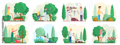 Seasonal gardening with characters of gardeners working in outdoor garden scenes set with people growing plants. Agriculture organic garden tillage and farming plant care gardening hobby horticulture
