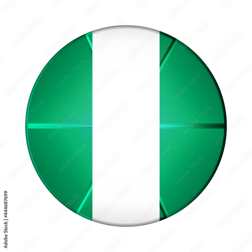 Glass light ball with flag of Nigeria. Round sphere, template icon. Nigerian national symbol. Glossy realistic ball, 3D abstract vector illustration highlighted on a white background. Big bubble Glass light ball with flag of Nigeria. Round sphere, template icon. Nigerian national symbol. Glossy realistic ball, 3D abstract vector illustration highlighted on a white background. Big bubble