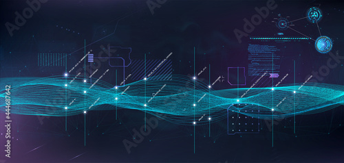 Innovative technologies, big data algorithms in futuristic HUD style. Quantum computing, data visualization technologies, deep learning artificial intelligence, algorithms big data. Vector wave HUD
