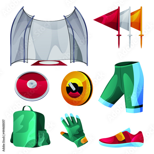 Discus throwing game equipment, sport tools set. Vector flat icons of disc, cage, marking flags, glove, shoe, shorts and case. Distance game, outdoor activity. Track and field event.